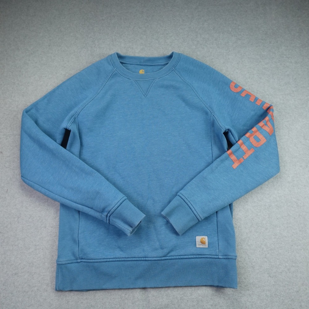 Carhartt Sweatshirt Womens XS Blue Relaxed Fit Pullover Logo Graphic